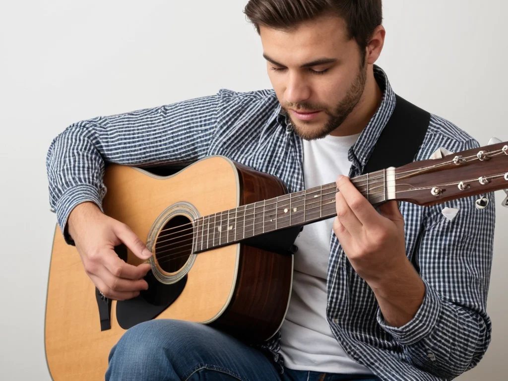 Beginner guitarist focusing on correct finger placement