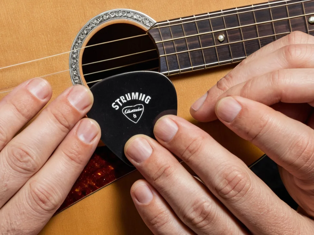 Guitarist holding a pick for proper strumming technique
