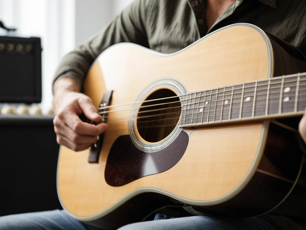 A professional guitarist playing an acoustic guitar in a well-lit music studio.