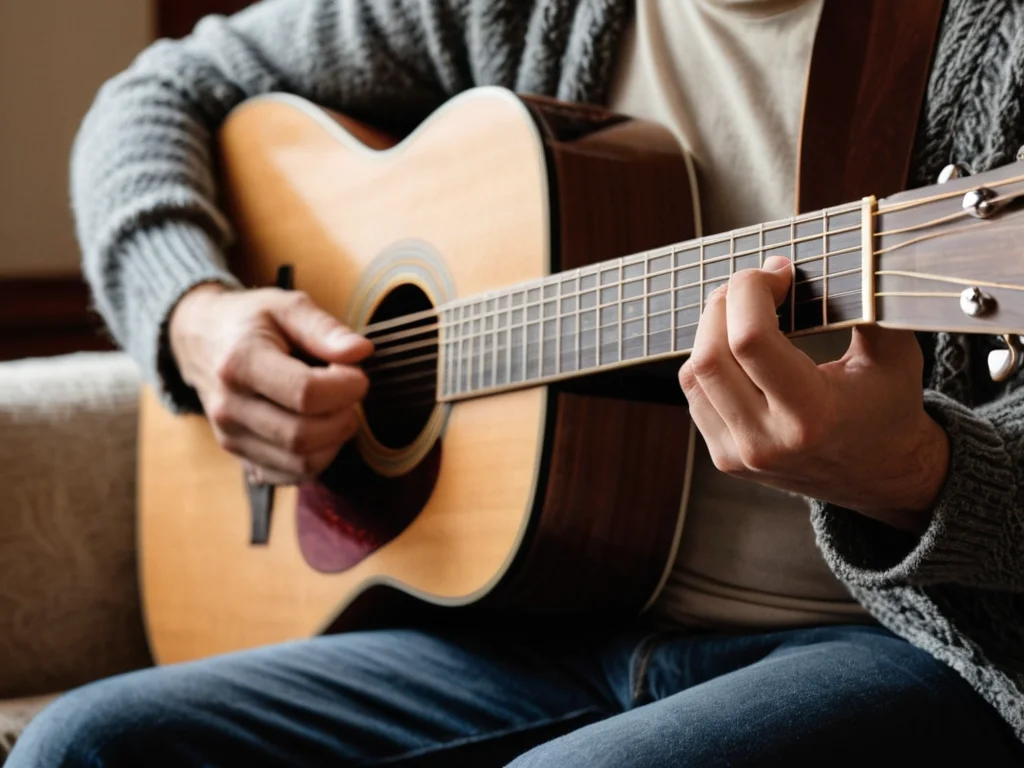 An intermediate guitarist playing fingerstyle in a cozy living room setting.