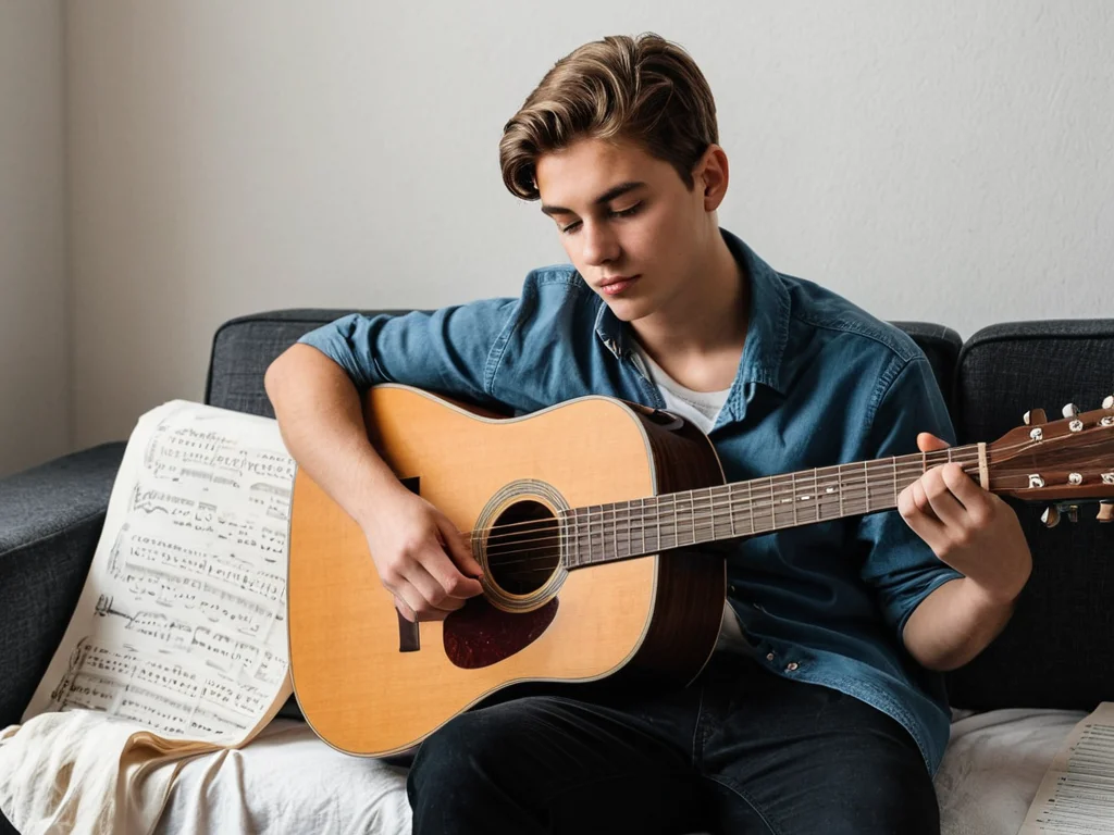 Young guitarist studying chord progressions
