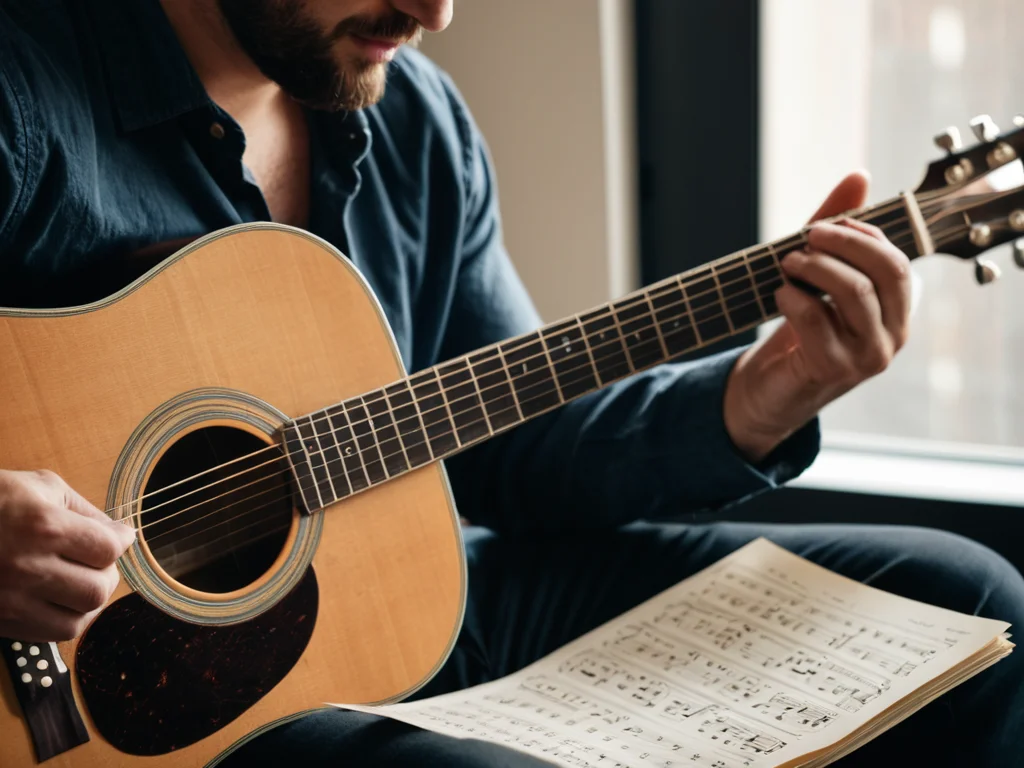 Guitarist strumming an acoustic guitar with hands positioned to play chords and read sheet music showing the circle of fifths
