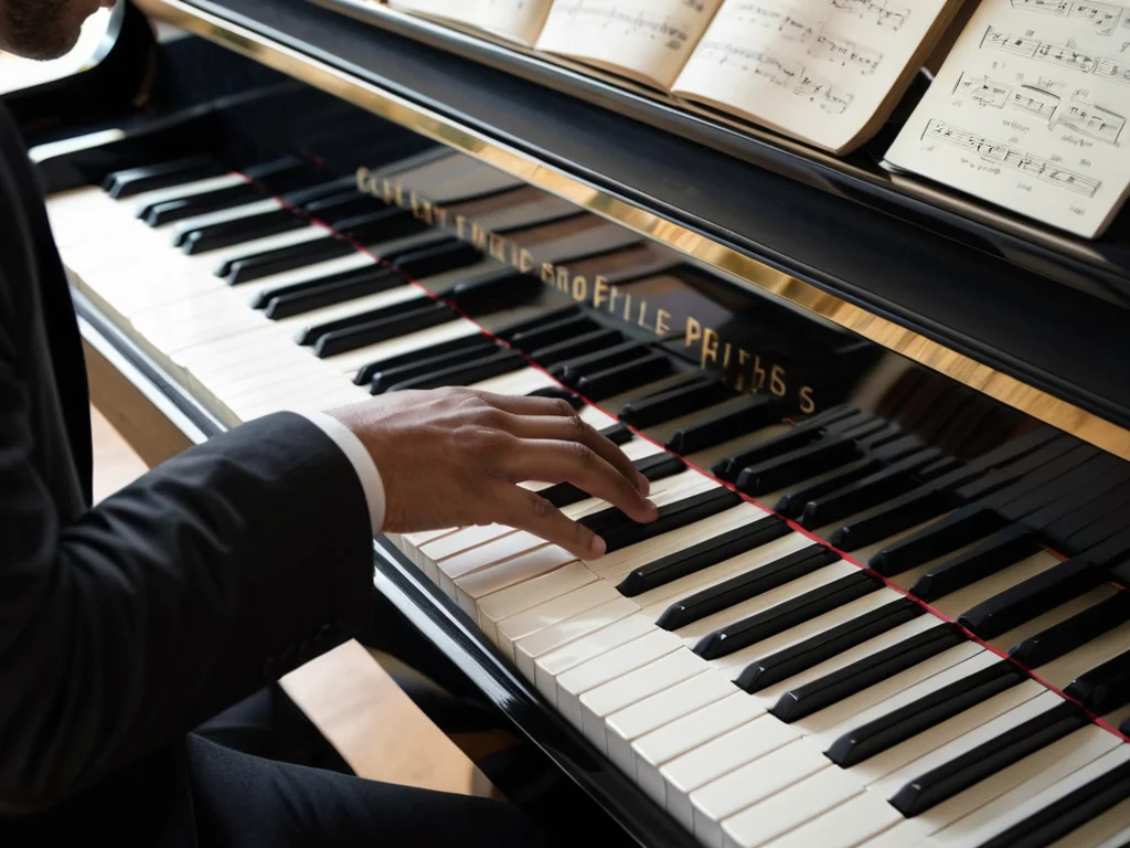Pianist playing a grand piano with hands positioned to show chord patterns related to the circle of fifths