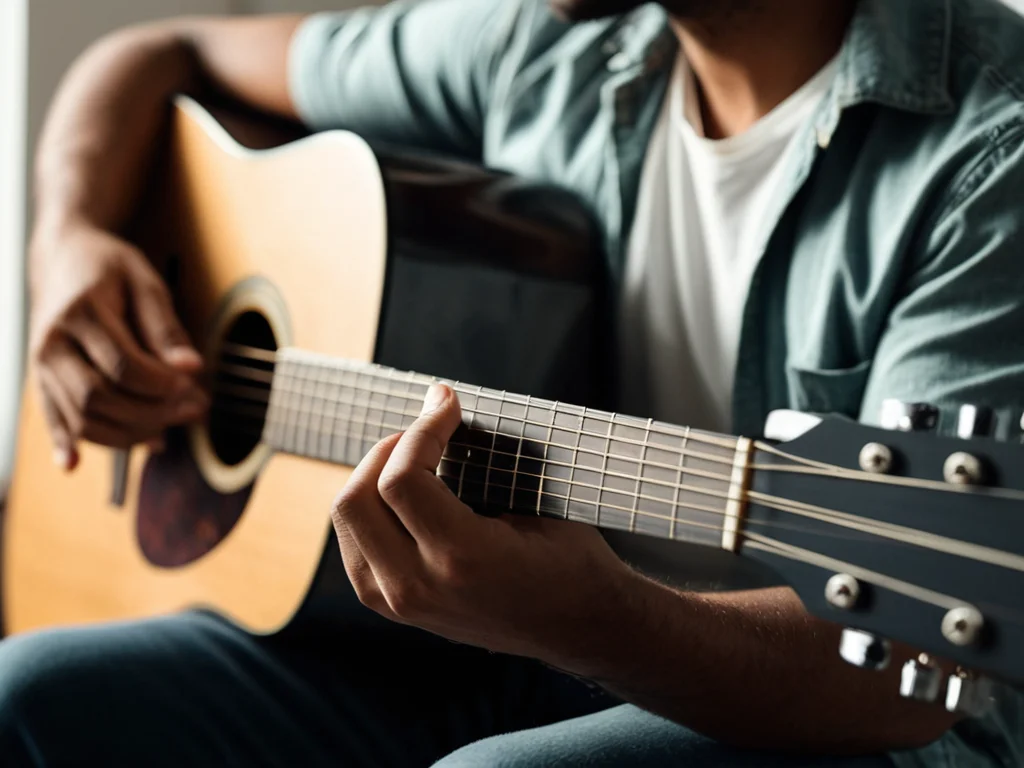 Beginner guitarist playing easy songs with 4 chords on an acoustic guitar