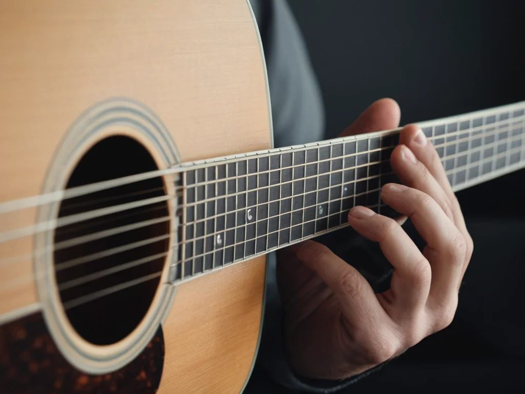 Beginner guitarist practicing chord changes for easy guitar songs