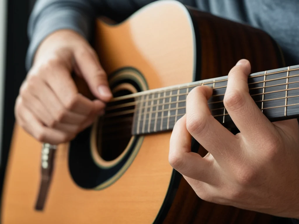 Beginner guitarist practicing strumming patterns for easy songs