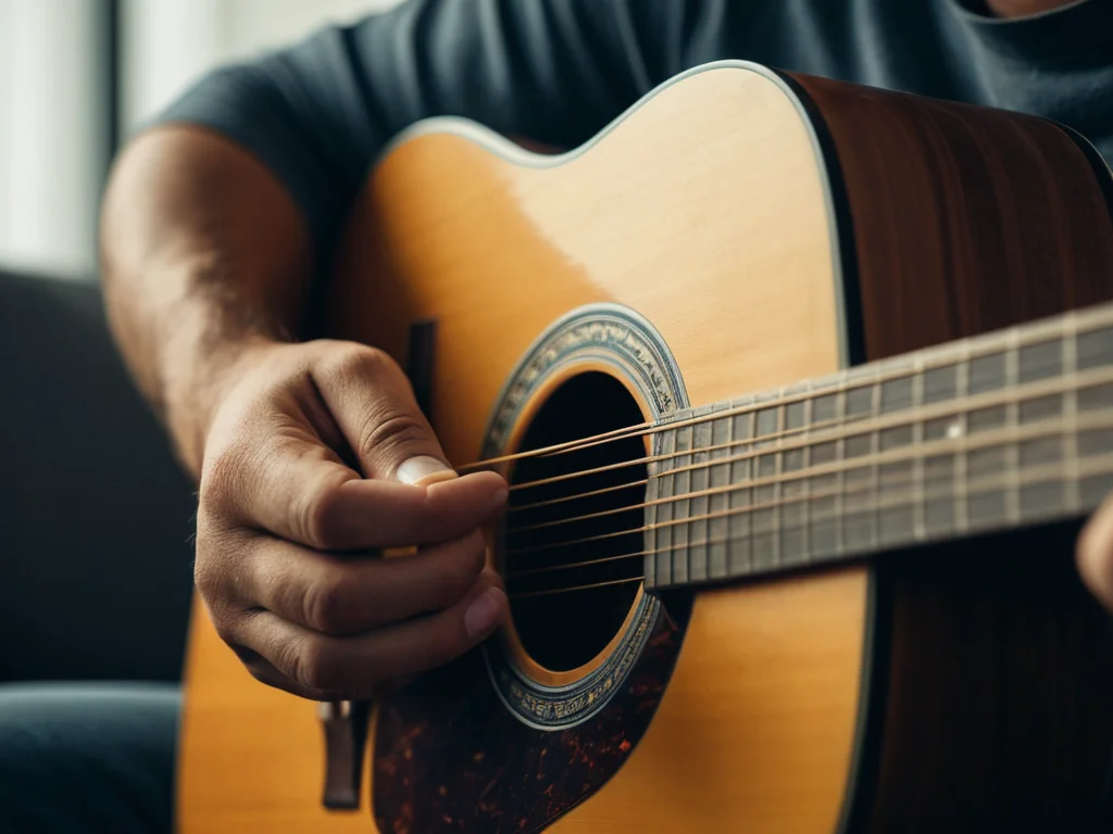 A guitarist's hand plucking individual strings on an acoustic guitar in a professional setting.