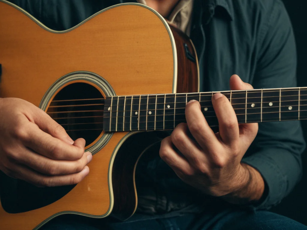A musician strumming chords on a guitar with a pick.