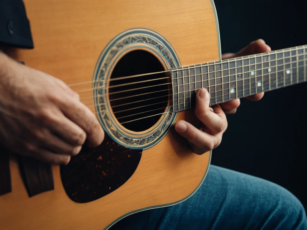 A guitarist's hand plucking individual strings on an acoustic guitar.