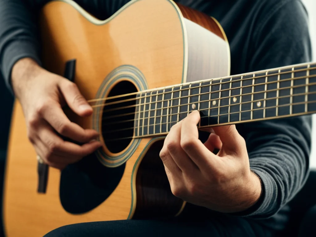 A beginner's acoustic guitar with realistic hands holding a pick