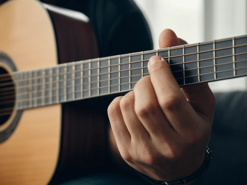 Realistic hands pressing strings on an acoustic guitar fretboard