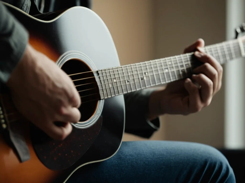 Guitarist holding a pick for proper strumming patterns
