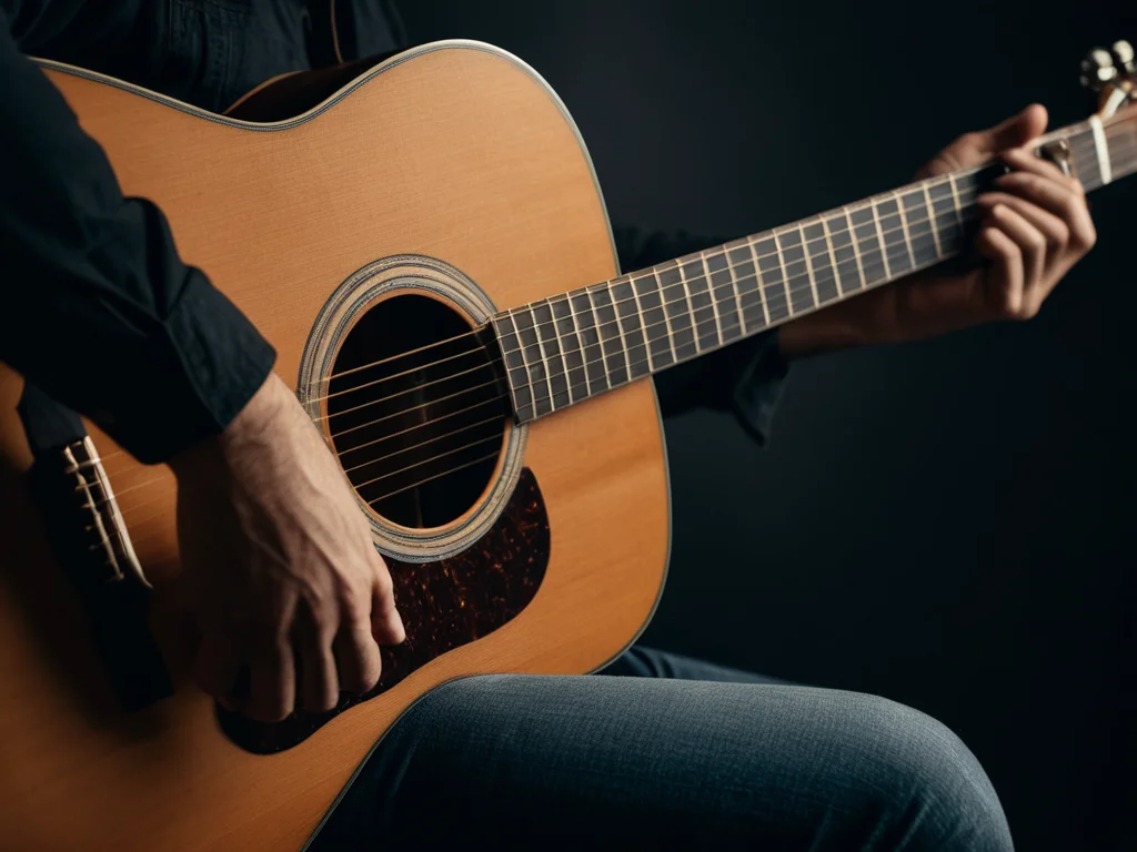A guitarist holding an acoustic guitar with proper posture