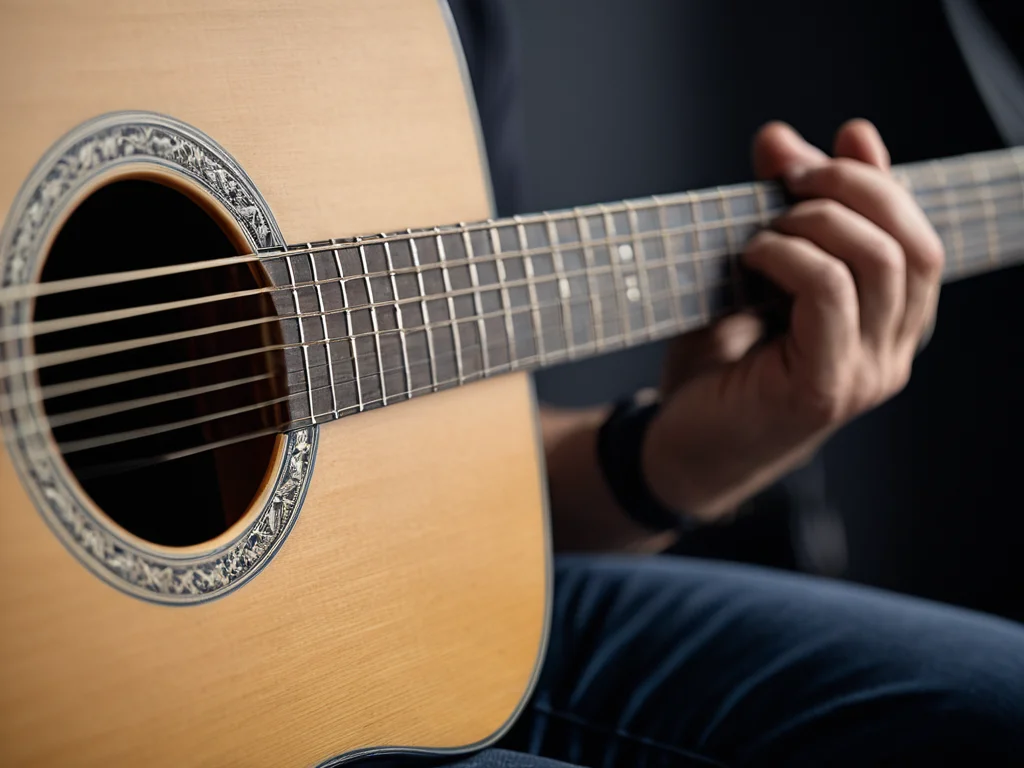 A beginner guitarist's left hand on the fretboard showing proper positioning for chords