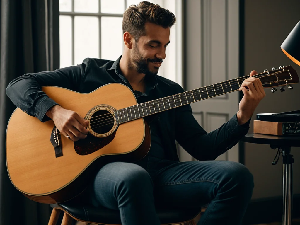 A guitarist sitting with correct posture and holding an acoustic guitar