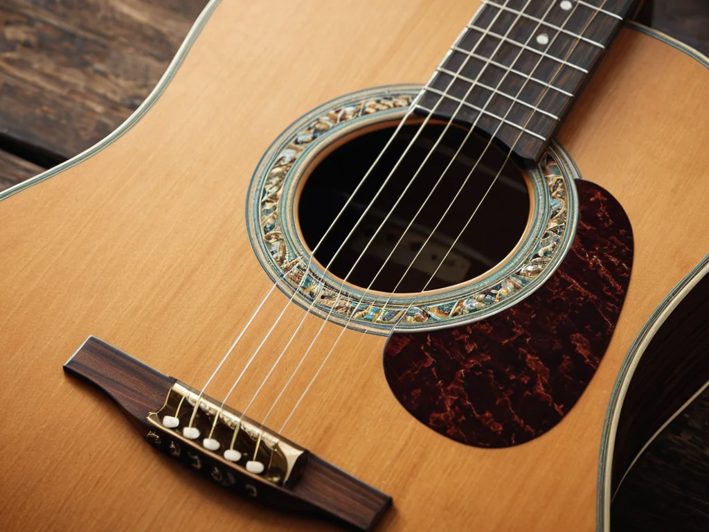 A guitarist smiles while holding an acoustic guitar