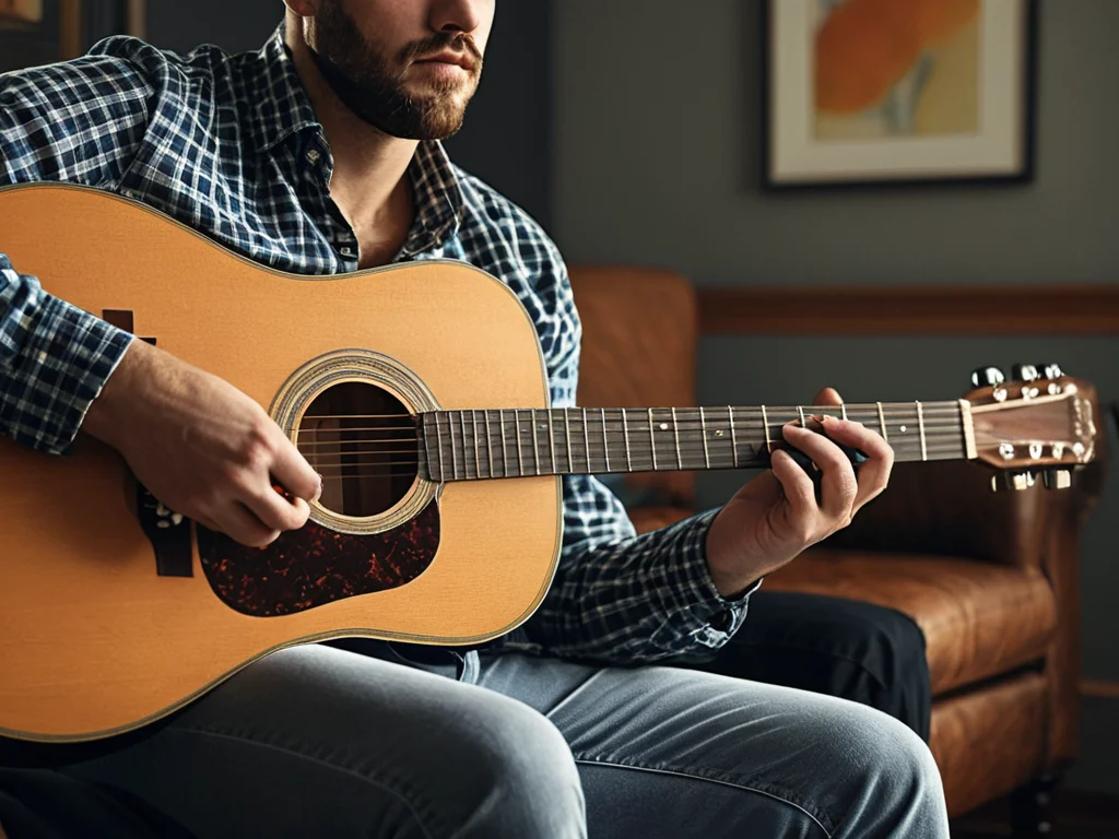 A guitarist's hands practicing chords on an acoustic guitar