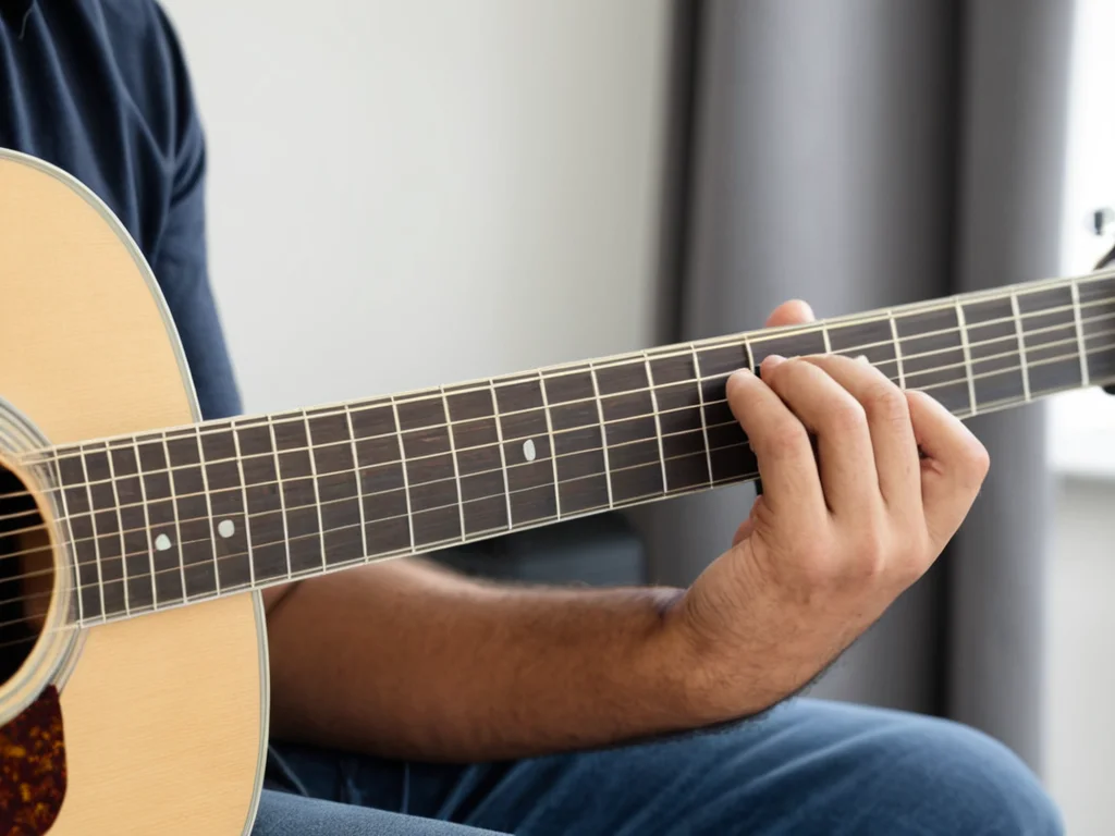 A close-up view of hands changing between two easy guitar chords