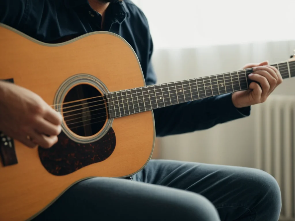 A beginner guitarist practicing basic strumming patterns