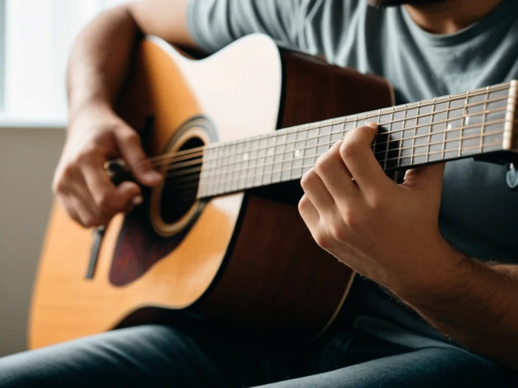A guitarist playing easy chords with comfortable hand positioning.