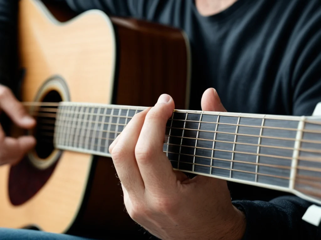 A guitarist's hands pressing down on the fretboard in a comfortable position.