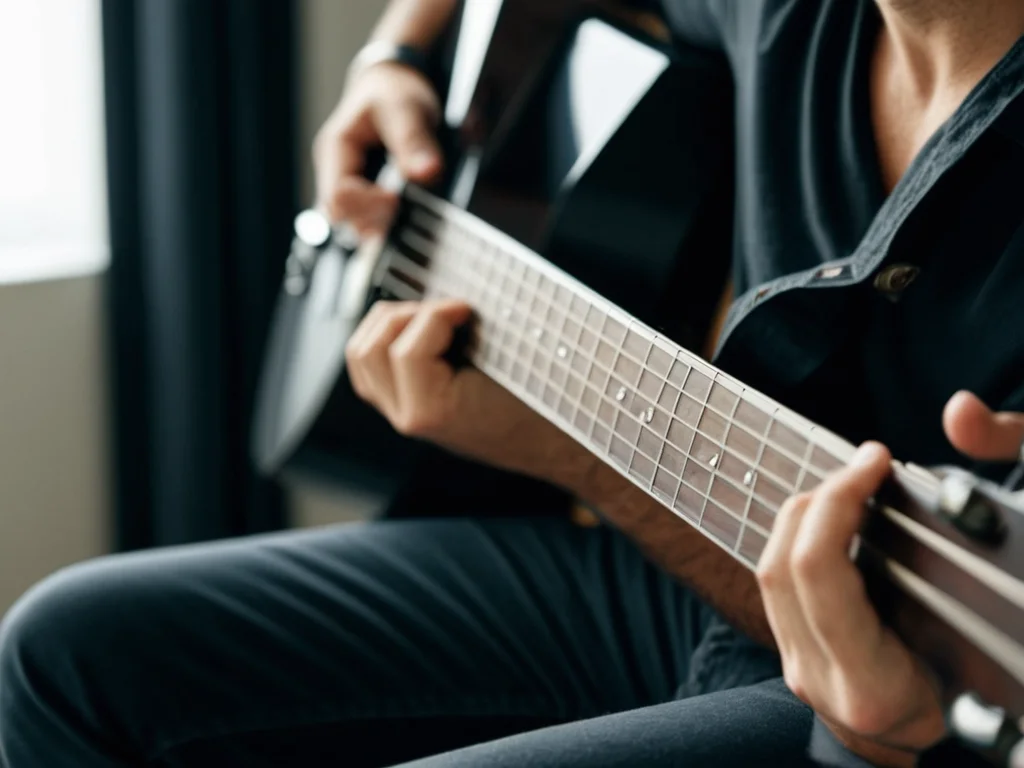 A guitarist playing chords in time with a metronome without pain.