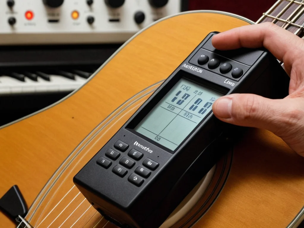 Close up of guitarist using a digital metronome