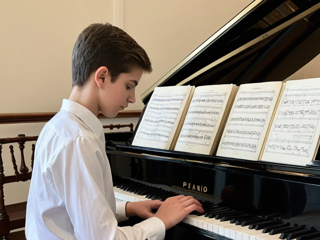 A young pianist sitting at a grand piano, reading sheet music
