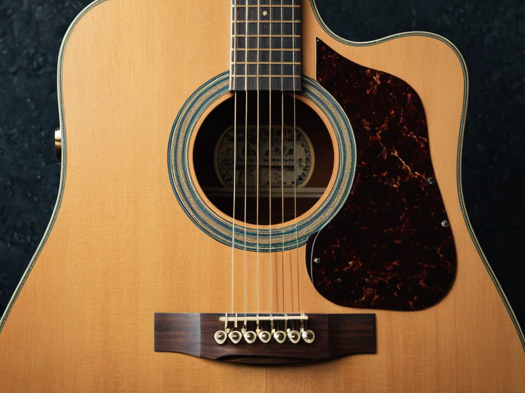 A guitarist tuning their acoustic guitar with precision
