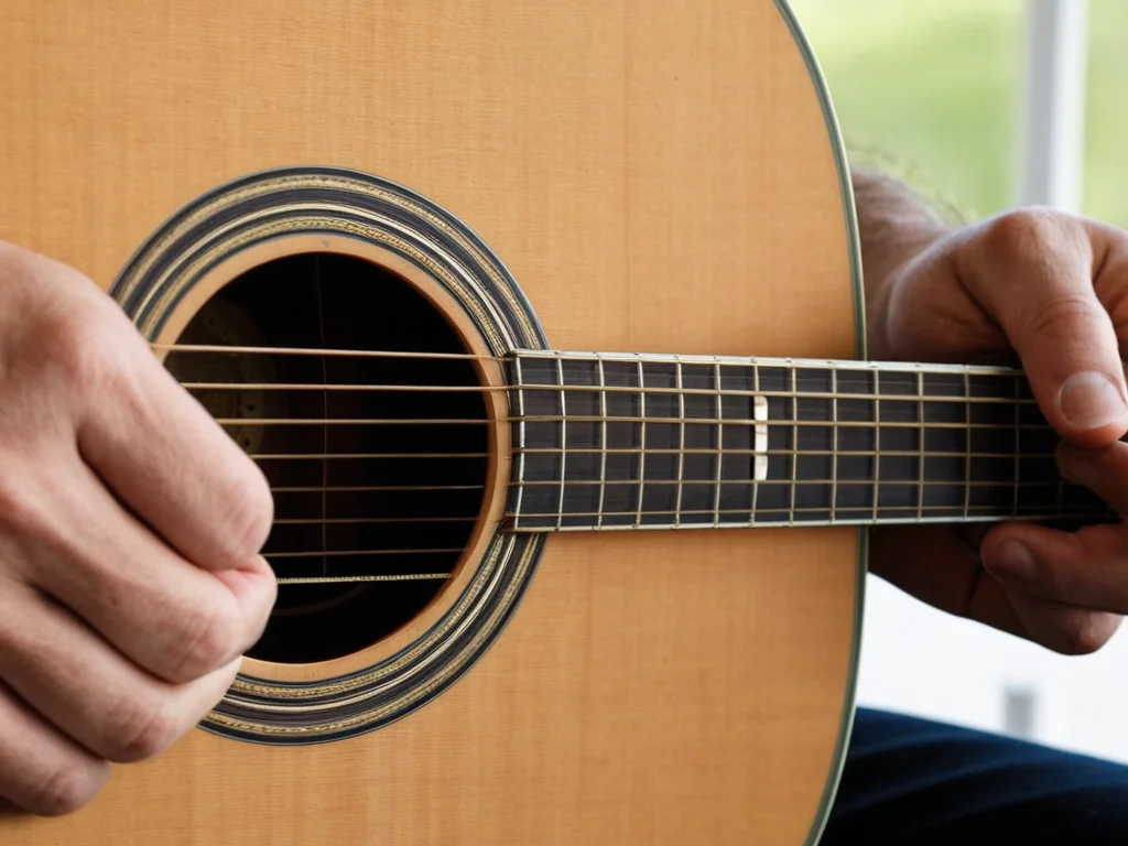Hands adjusting the tuning pegs on an acoustic guitar for proper tuning
