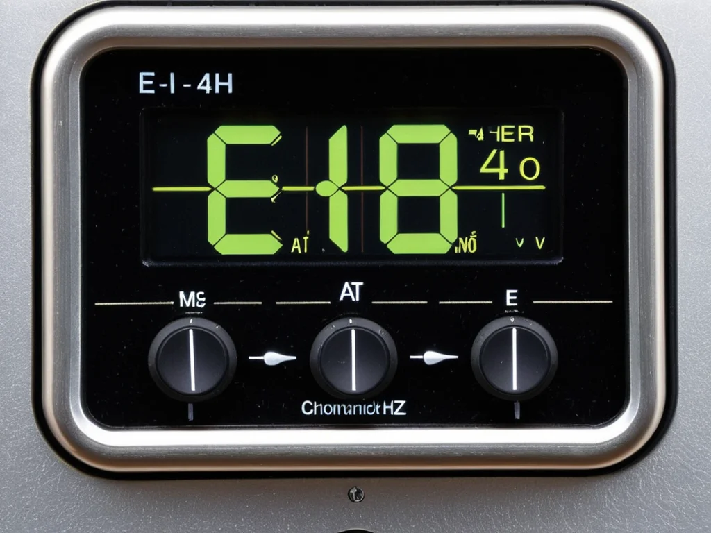 Digital chromatic tuner set to the correct pitch for an E string