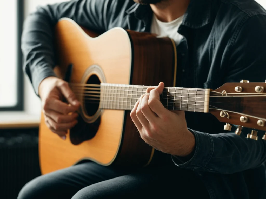 A musician tuning an acoustic guitar by ear