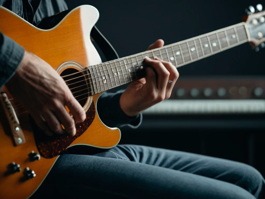 Guitarist’s hands changing chords on the fretboard
