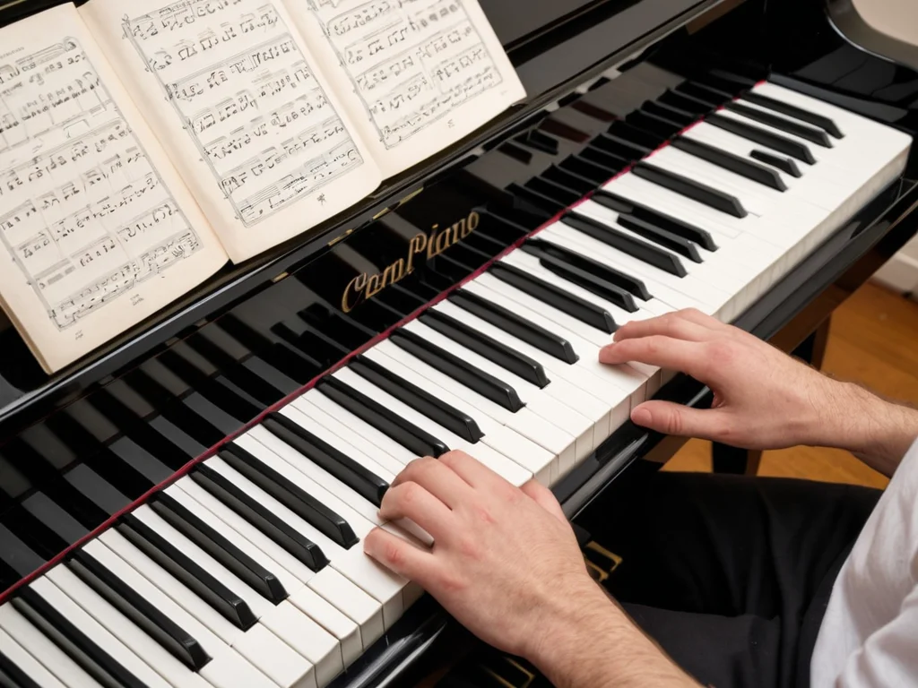 Beginner pianist practicing with sheet music