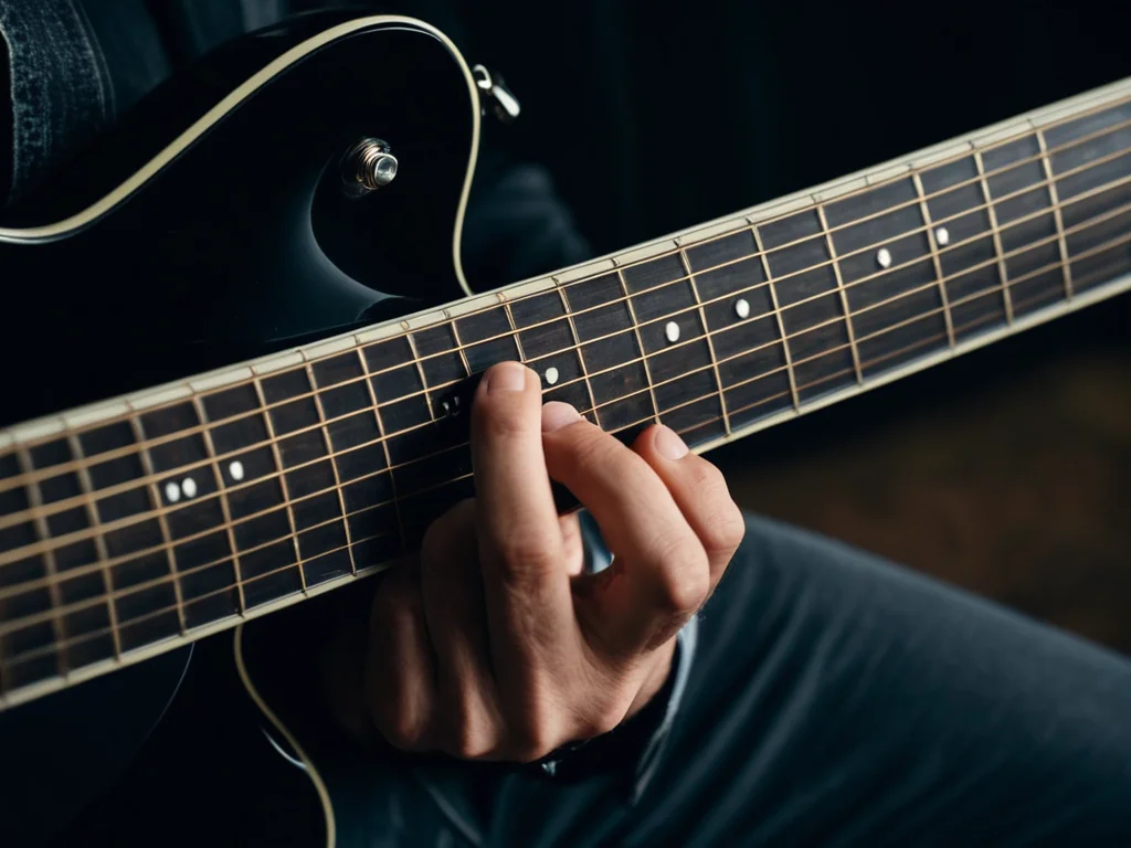 A guitarist's palm muting technique on an electric guitar