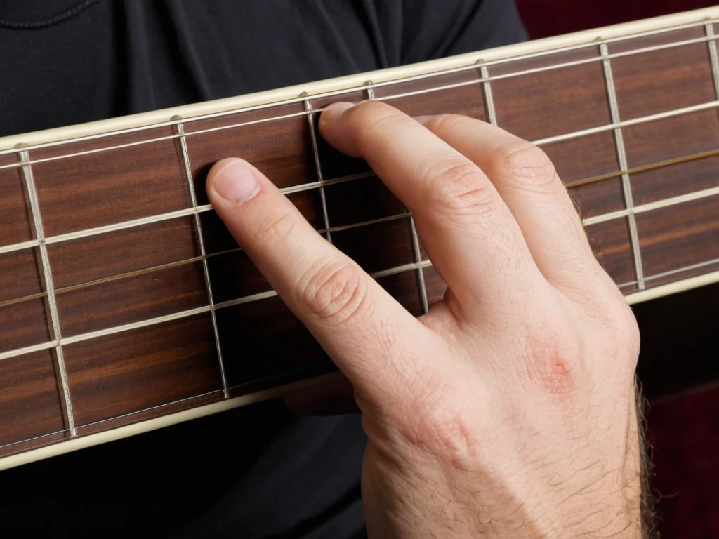 A guitarist's hand in power chord position using palm muting technique