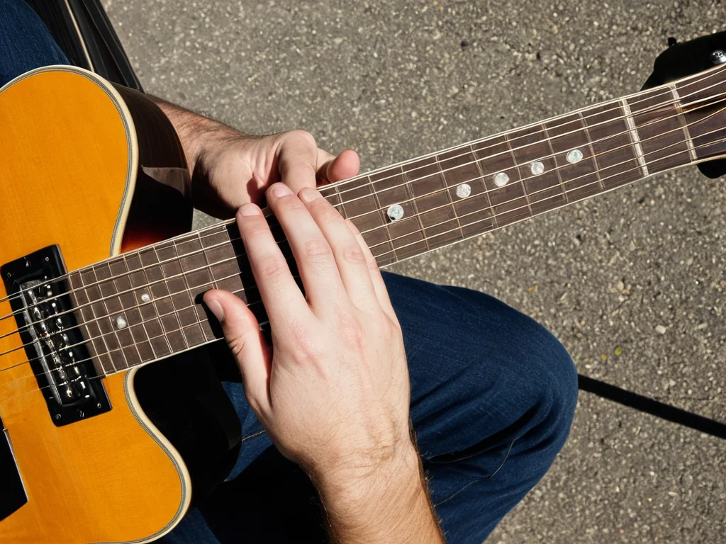 Guitarist's palm positioned for palm muting over the strings