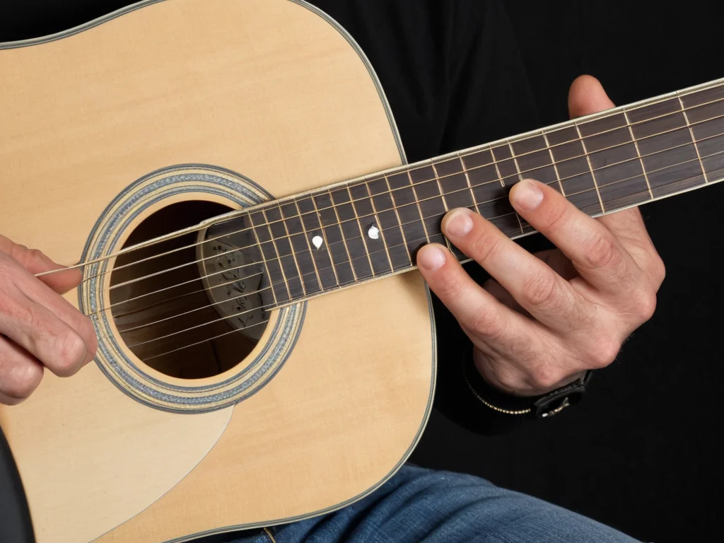 Guitarist's fingers holding down chords with proper finger placement