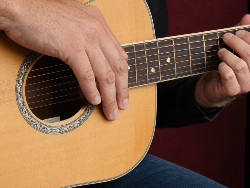 Guitarist's hand smoothly transitioning between chords
