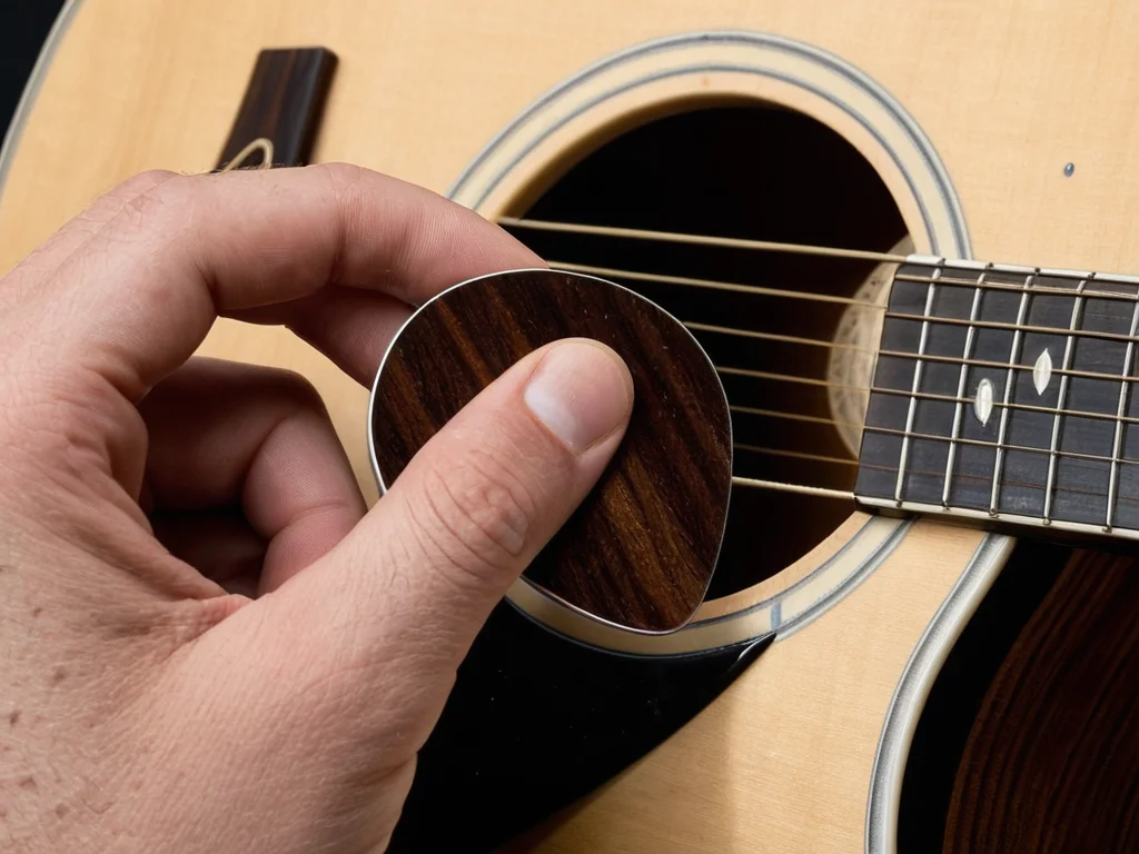 Guitarist's hand holding an acoustic guitar pick with correct grip