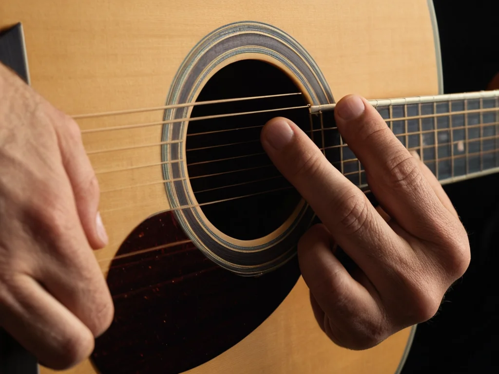 Close-up of a guitarist's hand playing an acoustic guitar