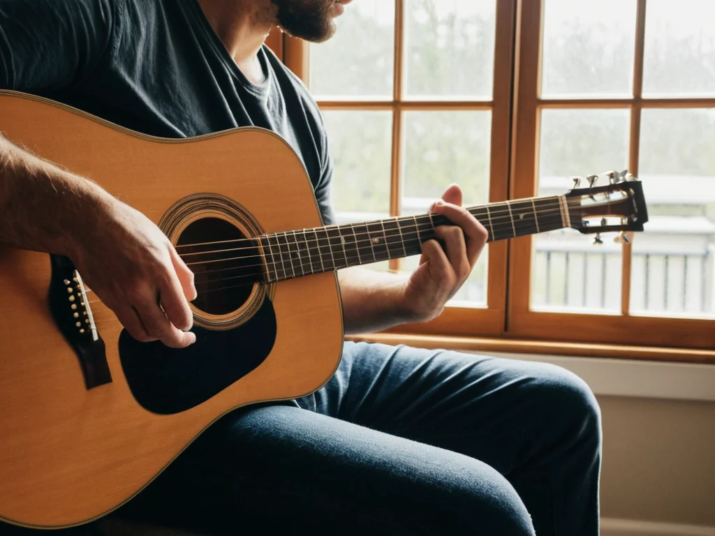 Guitarist practicing acoustic guitar at home