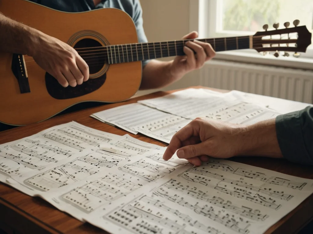 A musician practicing with an acoustic guitar and sheet music at home.