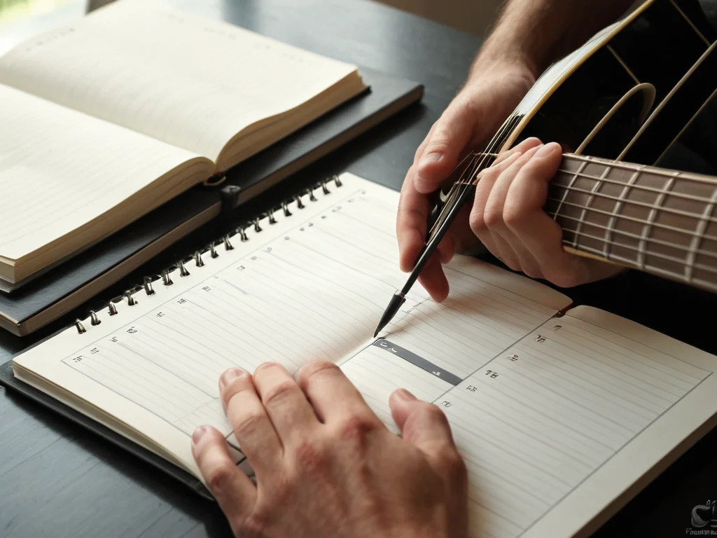 A guitarist setting up a practice schedule in their notebook.