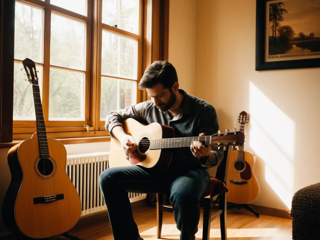 An acoustic guitar player adjusting rhythm using a metronome