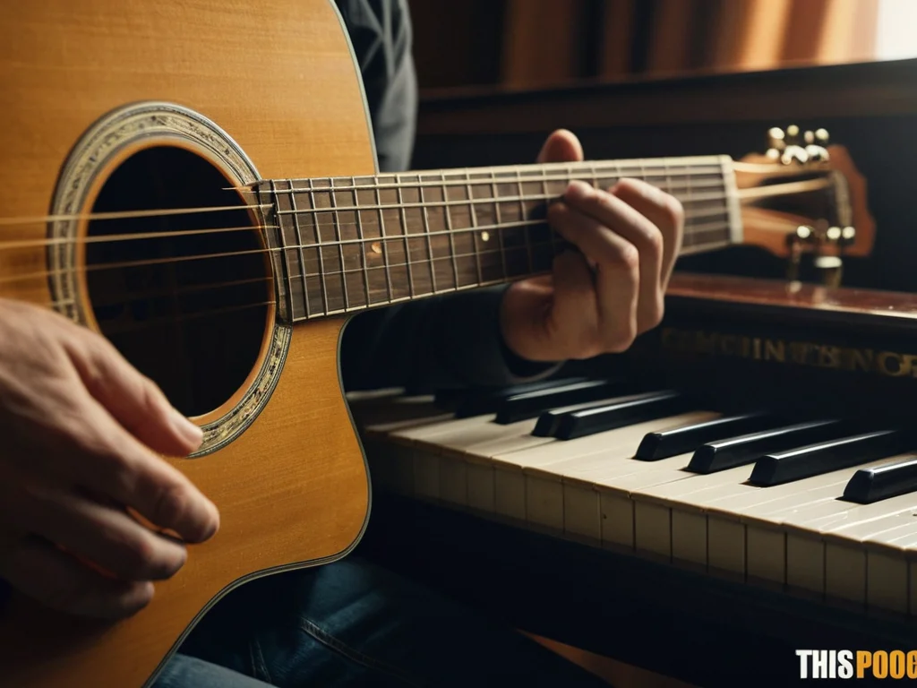 Guitarist strumming strings on a guitar with focus on their fingers on the fretboard