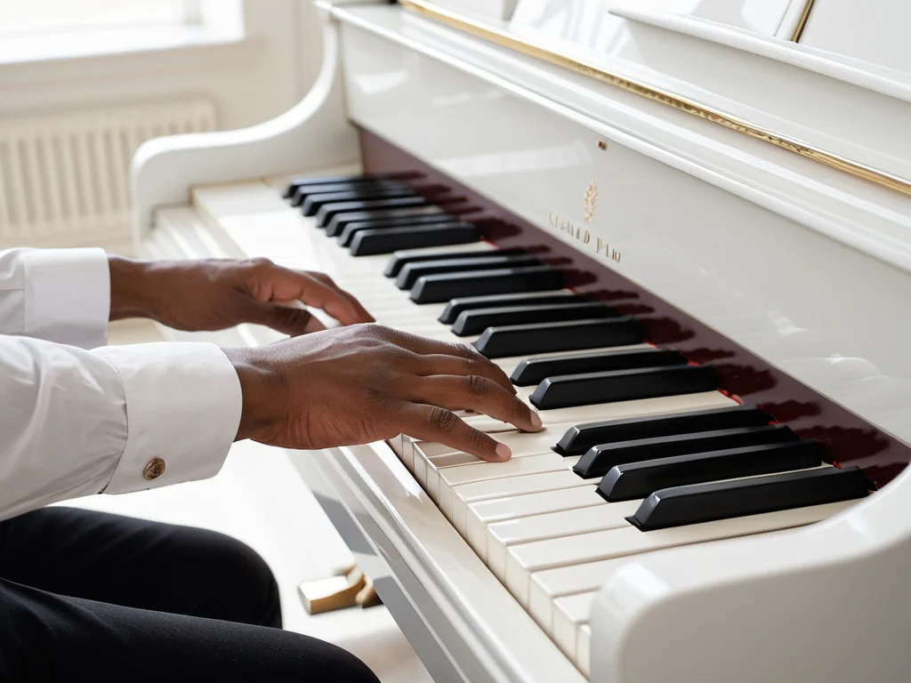 Professional musician's hands playing a white grand piano in a music classroom.