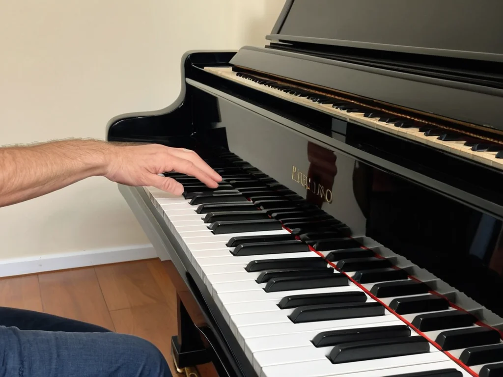 Beginner pianist practicing scales on an upright piano.