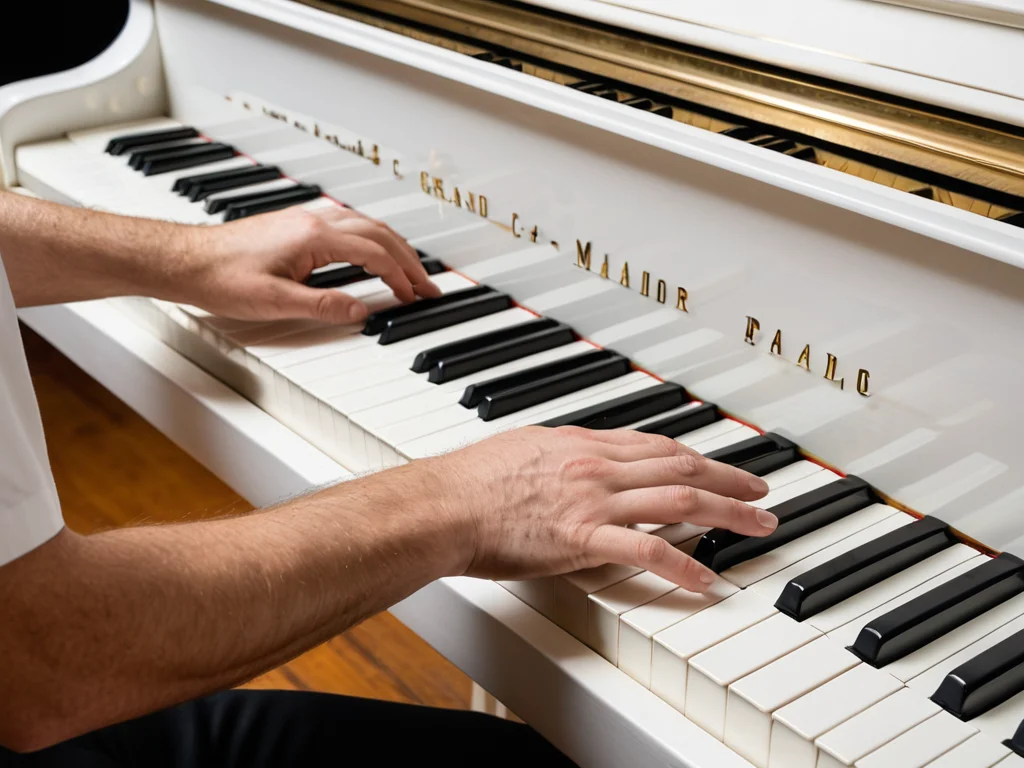 Close-up view of hands playing C major scale on a white grand piano.