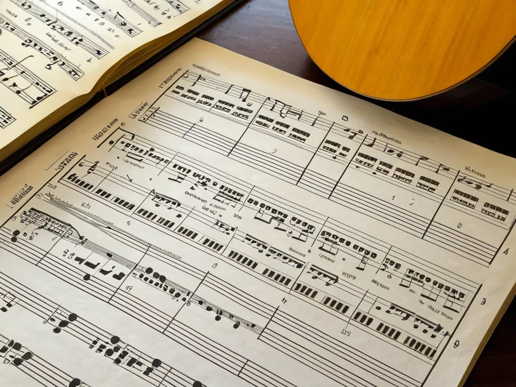 Sheet music for guitar and piano showing various rhythmic patterns